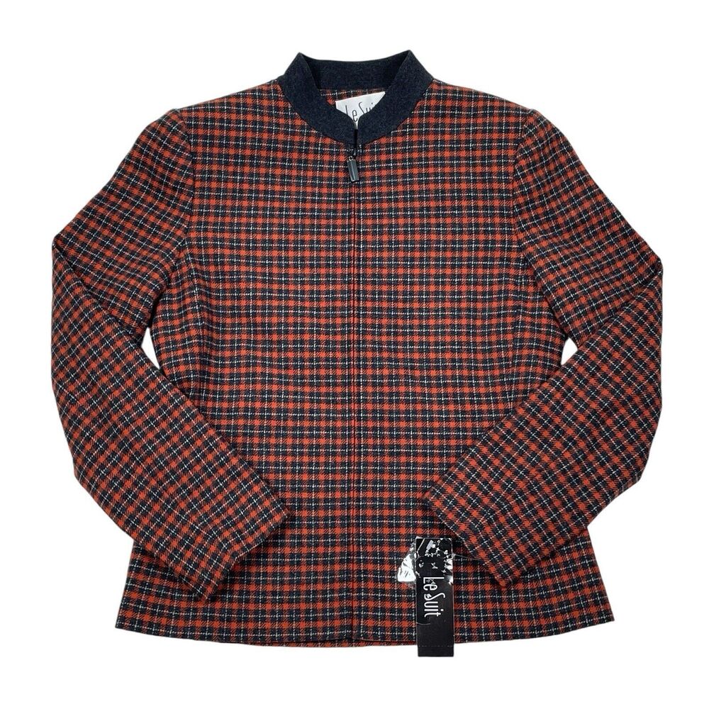 Le Suit‎ Coat Size 6 Orange Black Plaid Full Zip Wool Mandarin Jacket Halloween